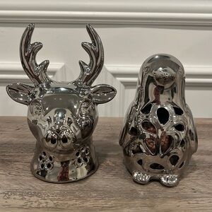 Reindeer and Penguin Head Potpourri Holder Silver Christmas Holiday Decoration